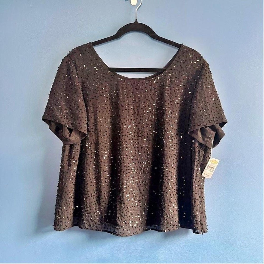 Talbots Silk Beaded Sequin Blouse NWT Women's Size 14 Petite Black Retro Formal‎